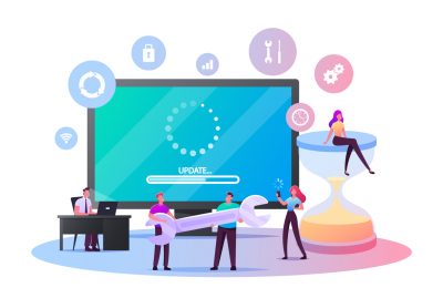 Update Software Application and Hardware Upgrade Technology Concept. Tiny Characters with Gadgets, Wrench and Hourglass at Huge Computer Screen with Updating Scale. Cartoon People Vector Illustration