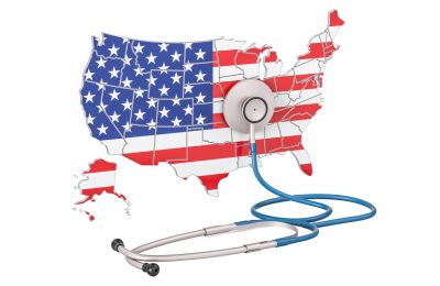 USA map with stethoscope, national health care concept, 3D rendering.